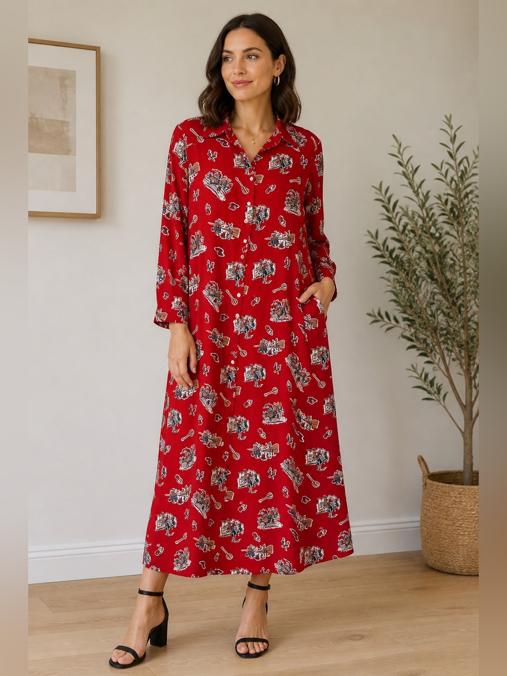 Bright Red Printed Long-Sleeve Midi Dress by Panhandle